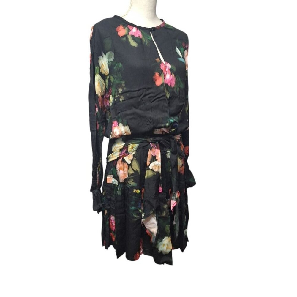 Finley Wrap Belt Dress Black Floral Long Sleeve Lightweight Women Small Tie Wais - Picture 12 of 12